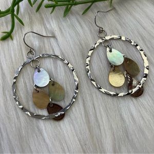 Circle shell chips dangle silver tone earrings